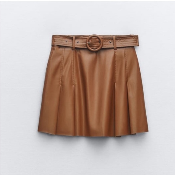 Zara Pleated Faux Leather Brown Skirt M NWT - Picture 3 of 5